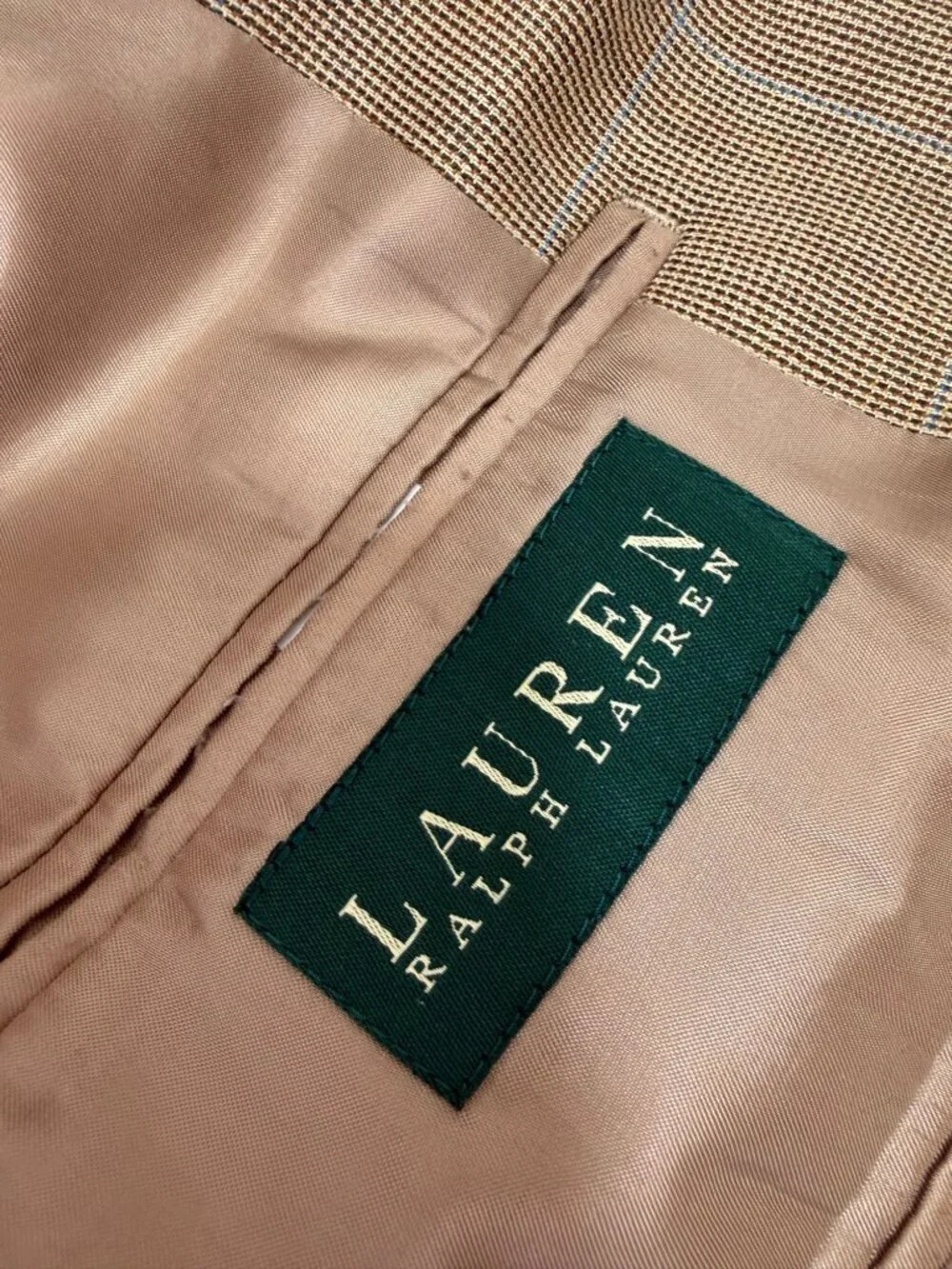 Lauren Ralph Lauren Blazer Jacket Mens 44R Silk Wool Windowpane Beige Sport Coat